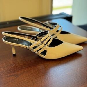 Brand New! Zara creme colored faux patent leather kitten heels w/dust bag!
